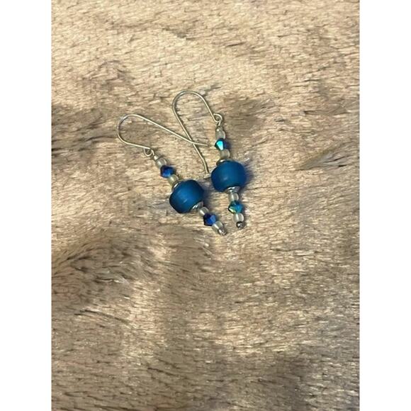 Vintage Silver, Blue Frosted Sea Glass, Iridescent Bicone Beaded Dangle Earrings - Picture 3 of 3